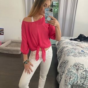Off shoulder, hot pink, front tied blouse